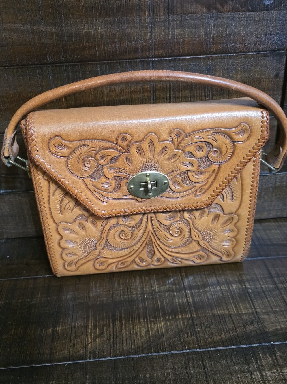Vintage 70's Hand Tooled Leather Western Granny Handbag